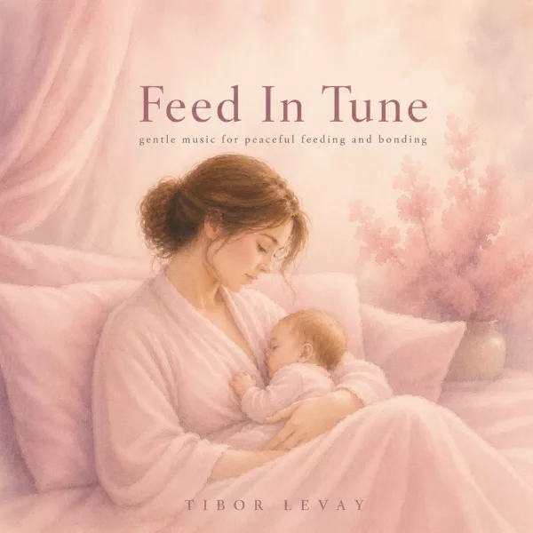 Feed In Tune album cover for gentle baby feeding music designed to support calm breastfeeding, bottle feeding, and peaceful eating moments.