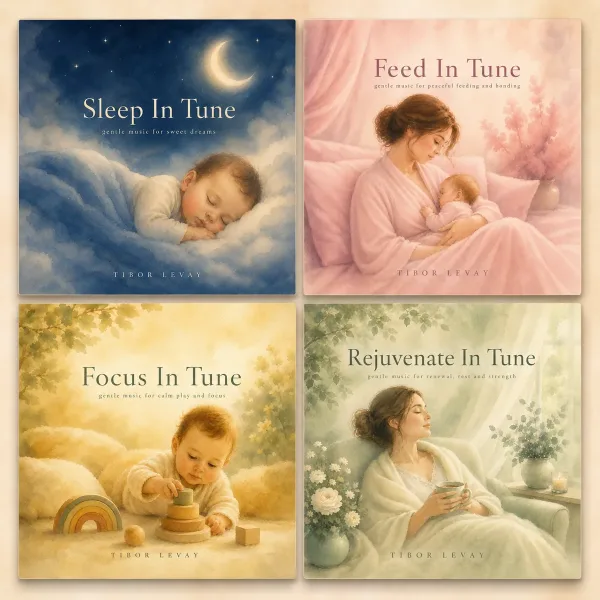 Baby Music In Tune album bundle featuring Sleep In Tune, Feed In Tune, Focus In Tune, and Rejuvenate In Tune, gentle music for babies and mothers.